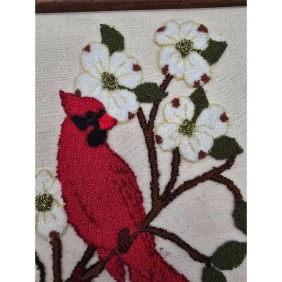 Vintage Handmade Cardinal & Dogwood Punch Needle Art In Wooden Frame - Picture 4 of 10